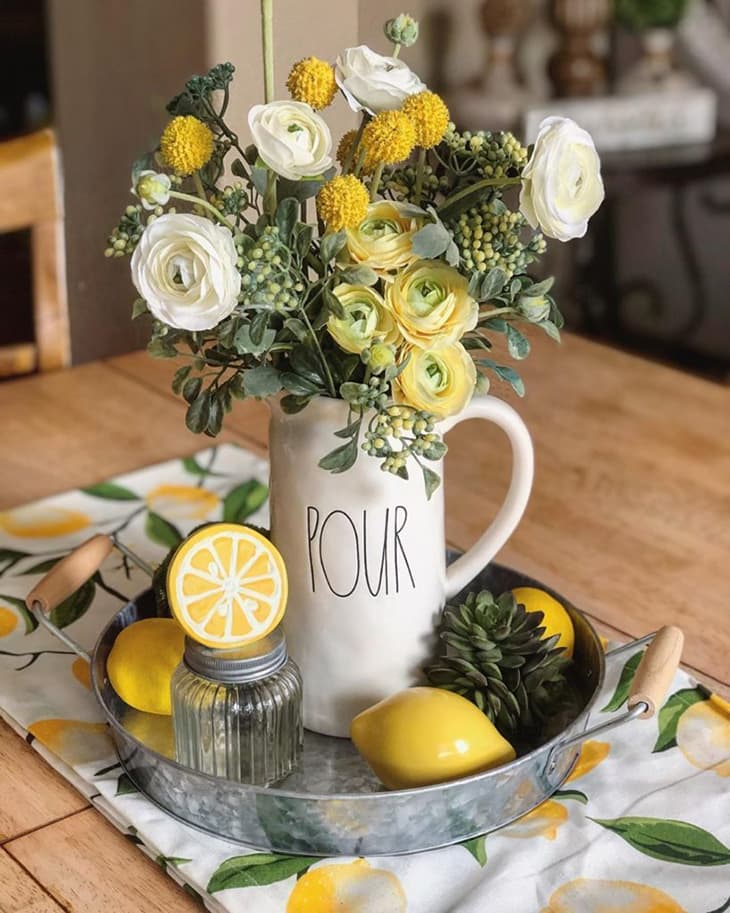 Lemon decorated small centerpiece, lemon decorated tray with pitcher