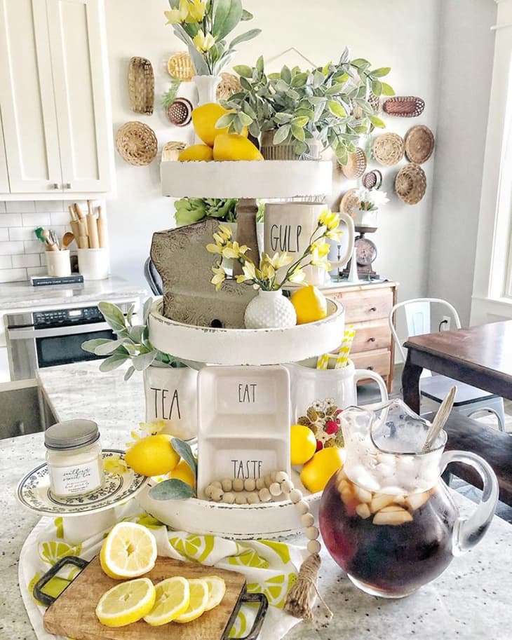 Tiered tray decorated with lemons and Rae Dunn kitchenware 