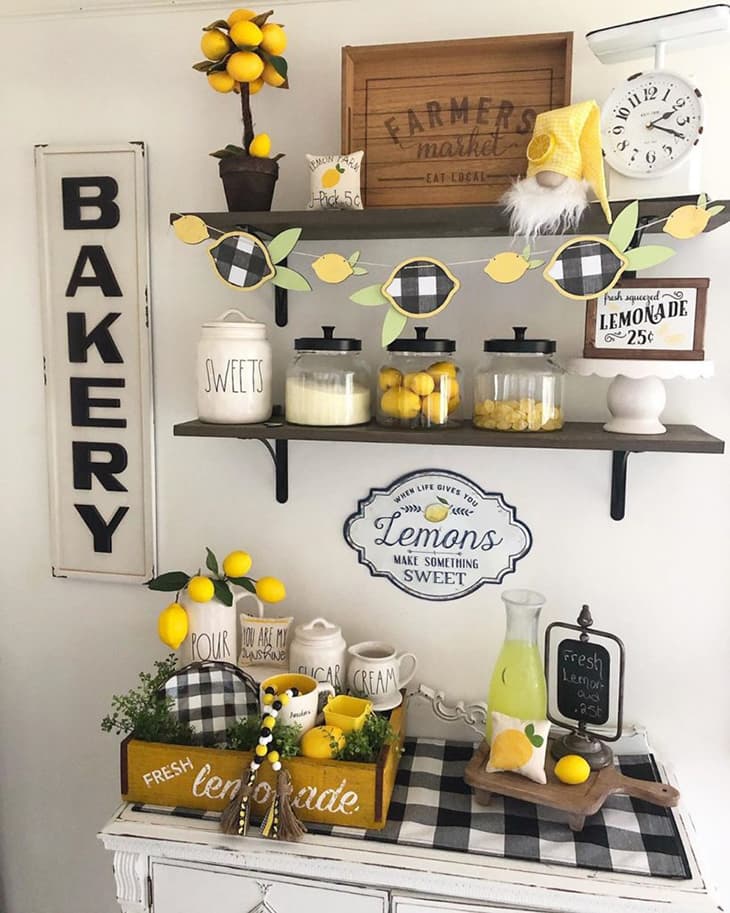 Kitchen shelves with lemon decor, juice bar