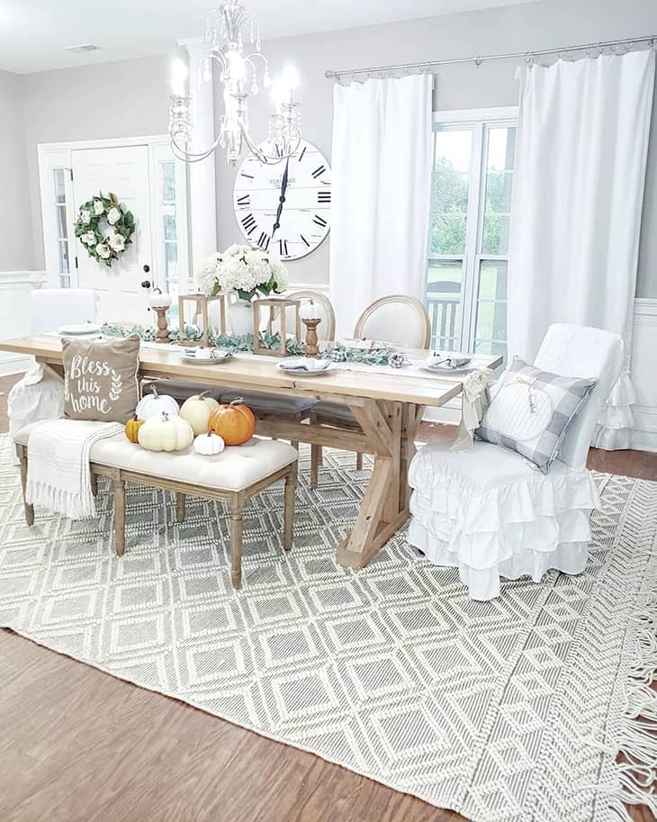 white farmhouse dining table with bench