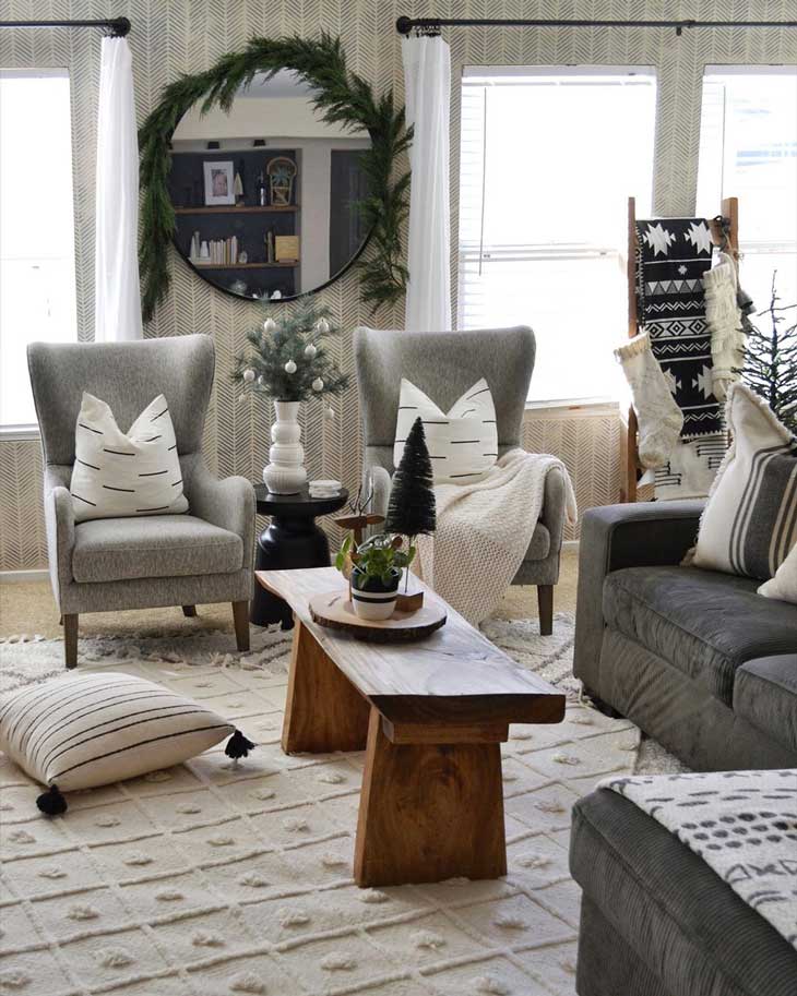 bench coffee table in a modern farmhouse living room