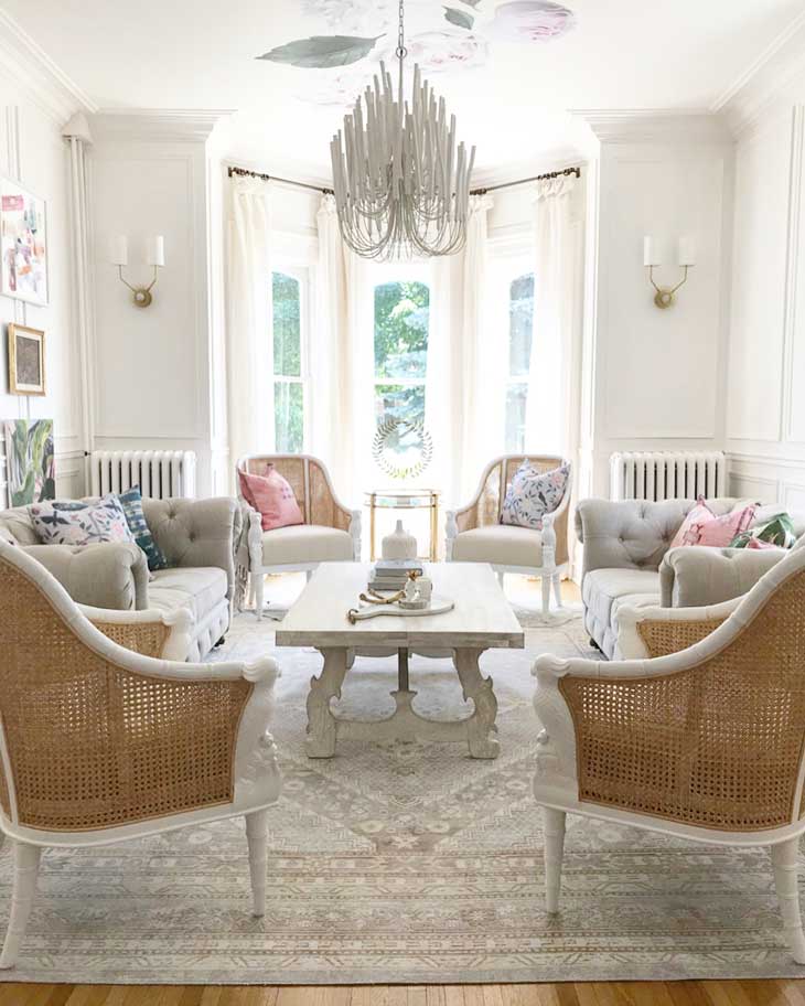 rectangular coffee table in a french country living room