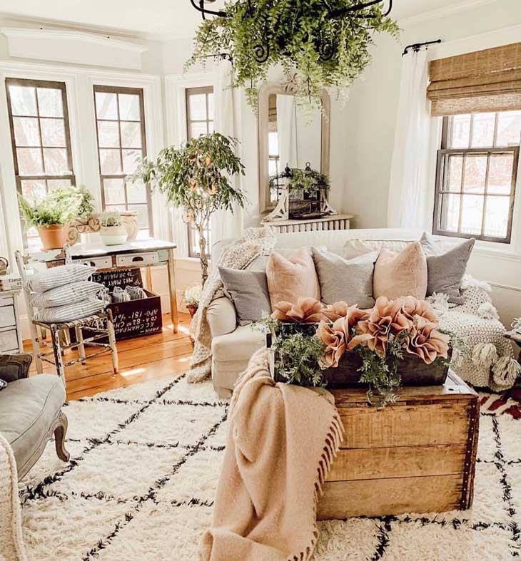 farmhouse living room with lots of plants