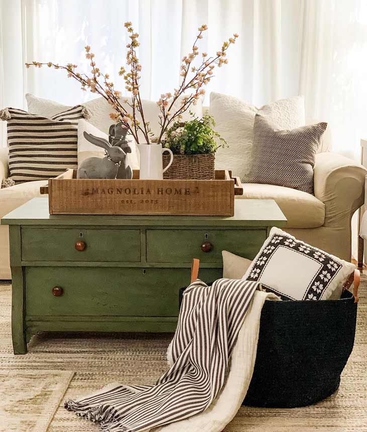 farmhouse coffee table decor with crate tray with ceramic pitcher, greenery and ceramic bunny 