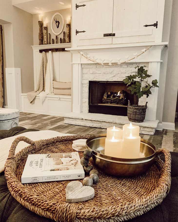 coffee table decor with basket tray and candles 