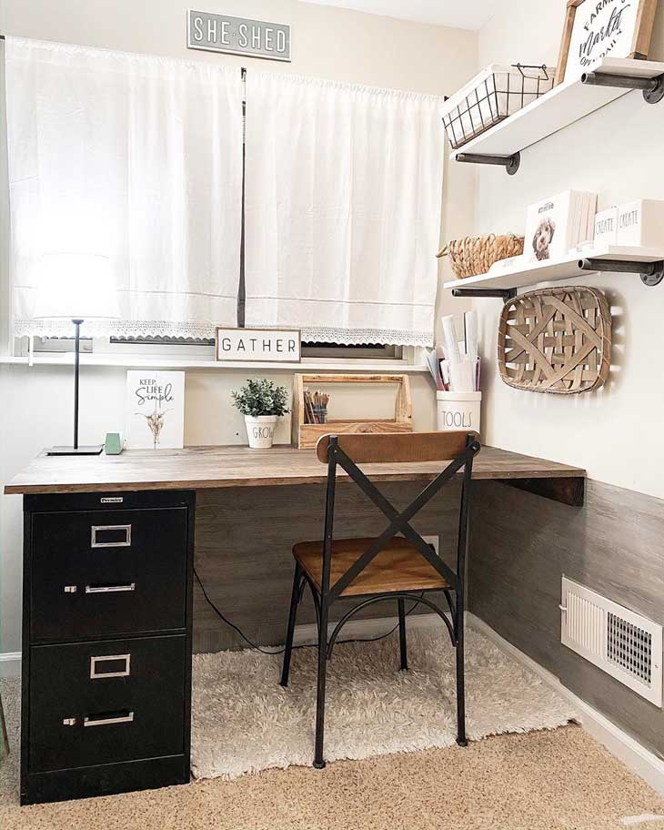 black and wood home office with file cabinets