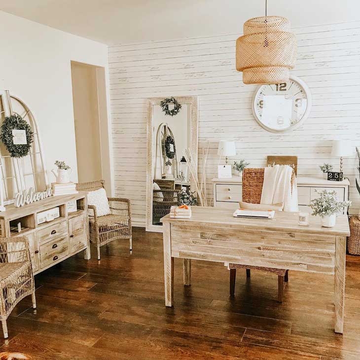 home office with wood desk and mirror, oak home office