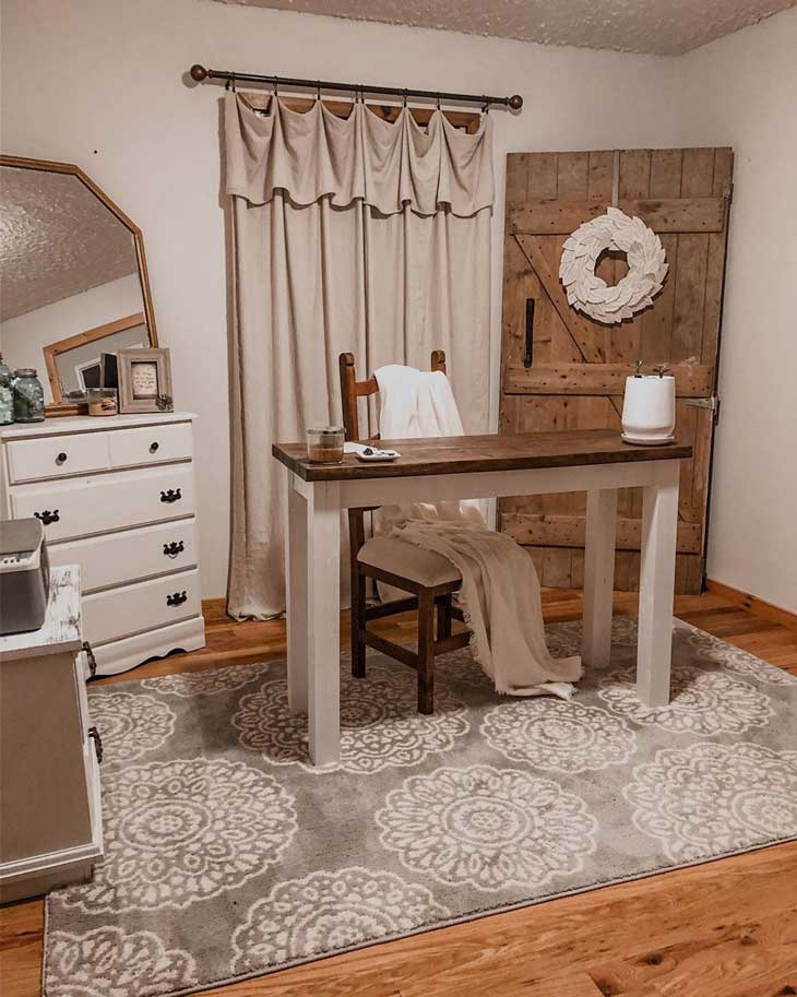 home office in white and warm wood with grey rug