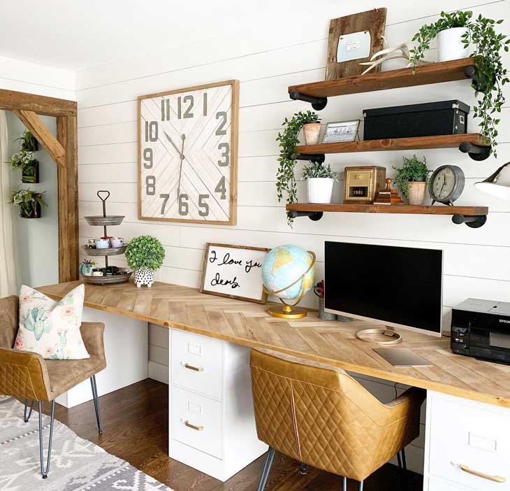 wood and white home office with herringbone desk and farmhouse clock, home office for two