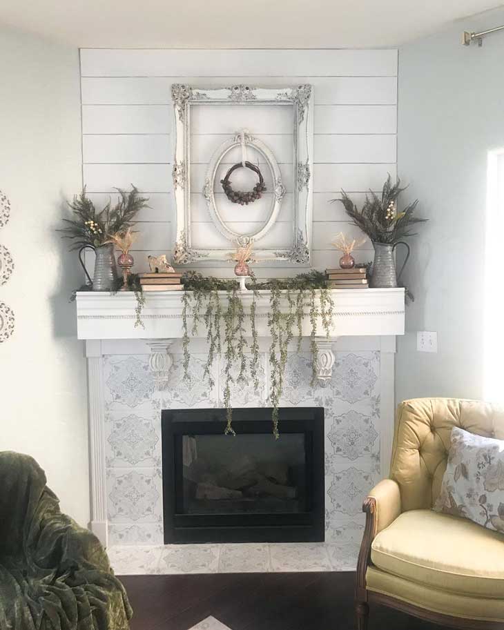 Shiplap fireplace with fall mantel decor