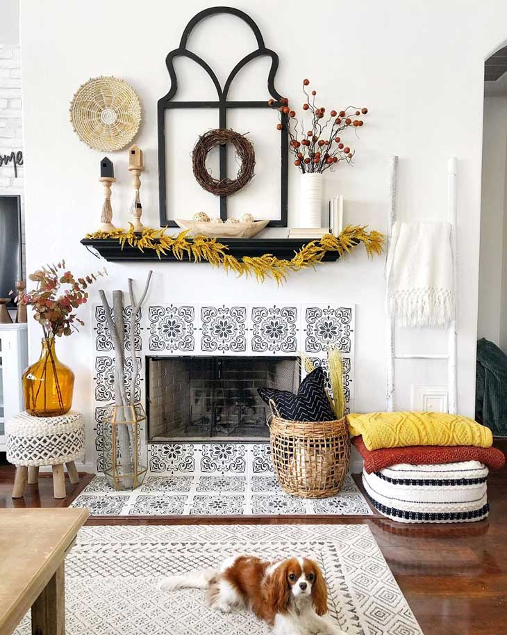 Spanish style fireplace with fall decor