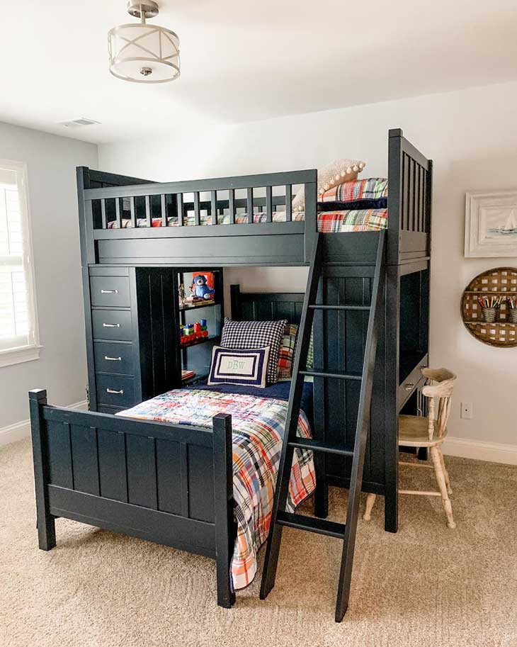 Black bunk bed for two kids with drawers 