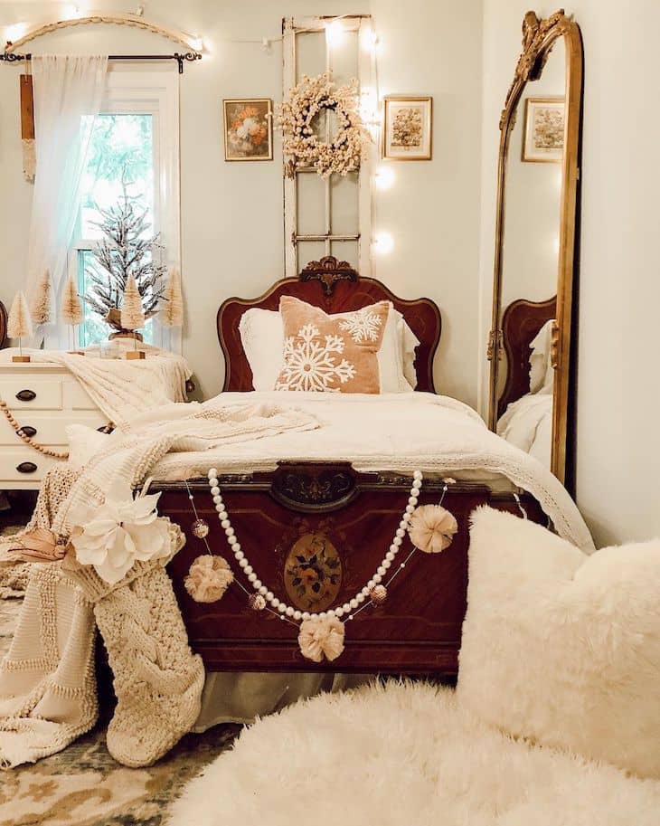 Antique bed frame with Christmas decor