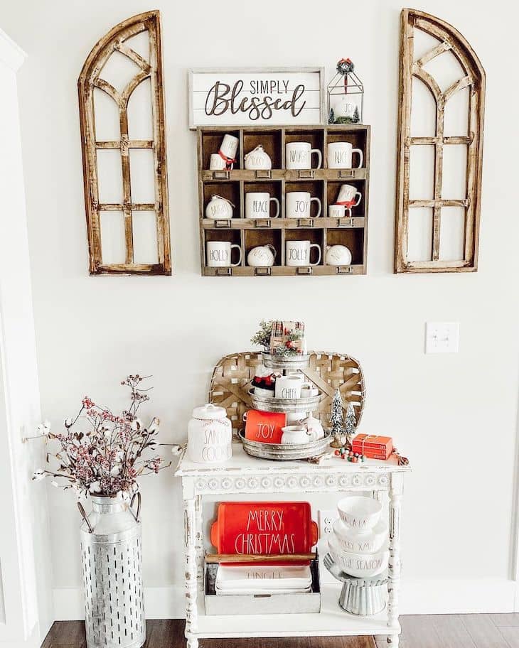 Christmas coffee bar with tobacco basket and rae dunn mugs