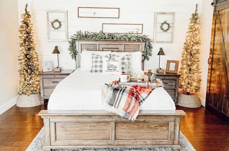 Christmas bedroom decor with two Christmas trees