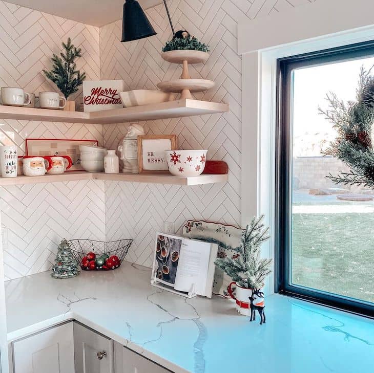 Kitchen shelf with Christmas dishes 