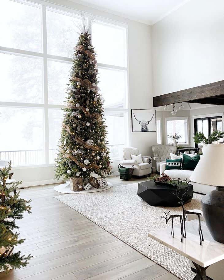 Tall skinny Christmas tree with neutral decor