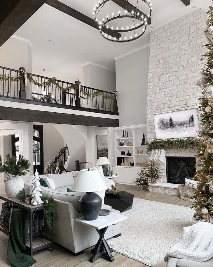 Living room Christmas decor in neutral and green