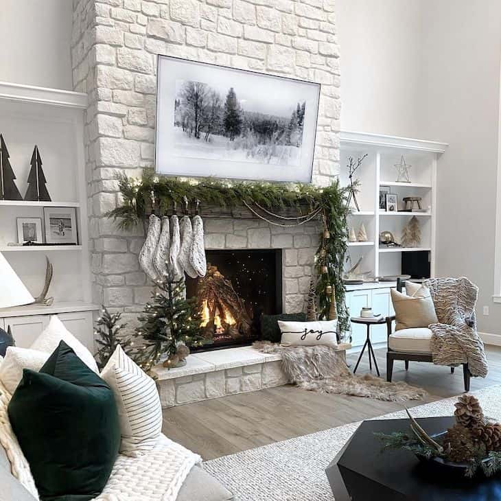 Fireplace Christmas decor for white stone fireplace