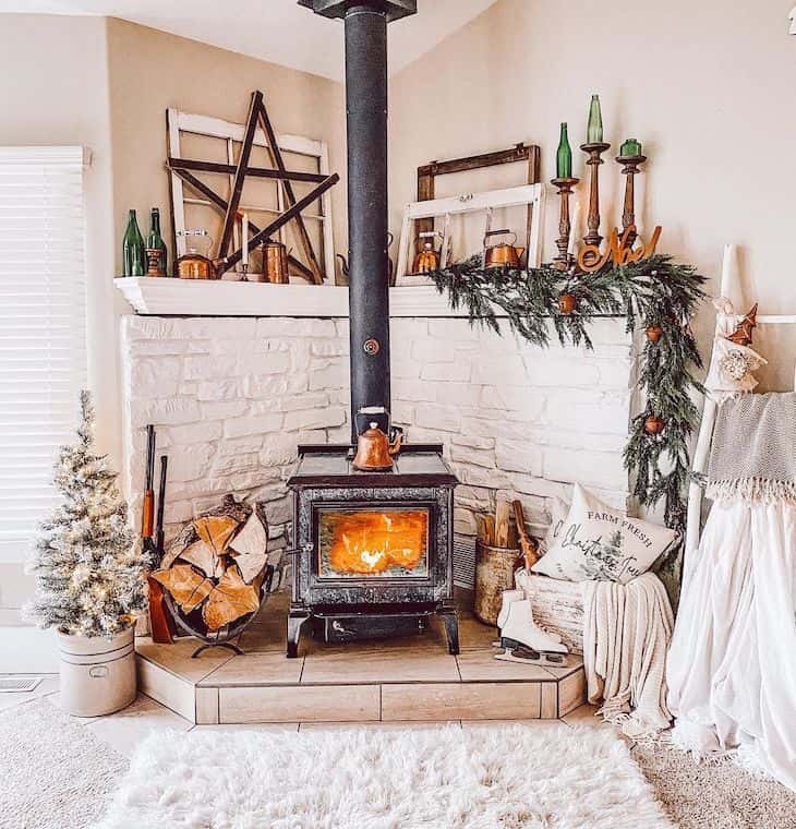 Christmas decorated log burner