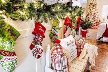 red, white and green Christmas entryway decor