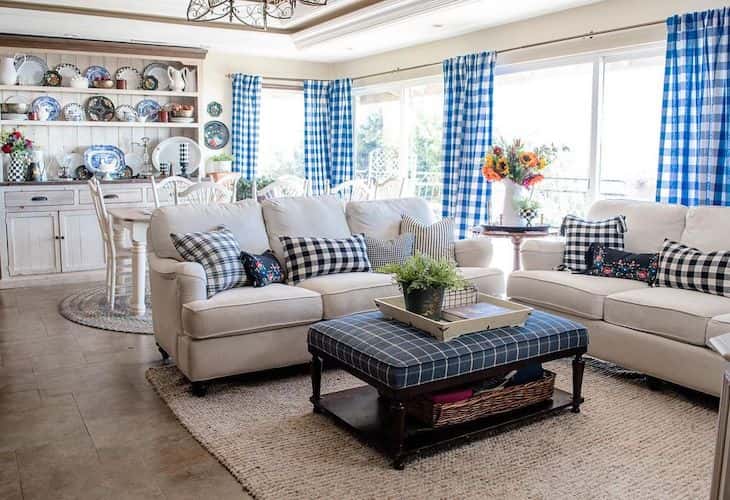 Coastal farmhouse living room with blue gingham decor