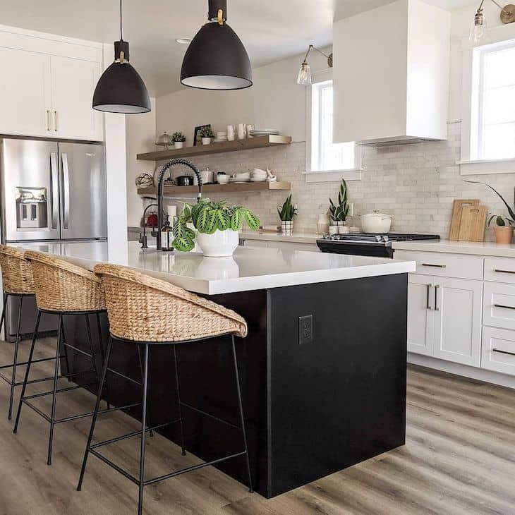 Black and white kitchen with open shelves