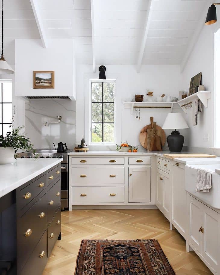 Modern farmhouse kitchen with vaulted ceilings and open shelving