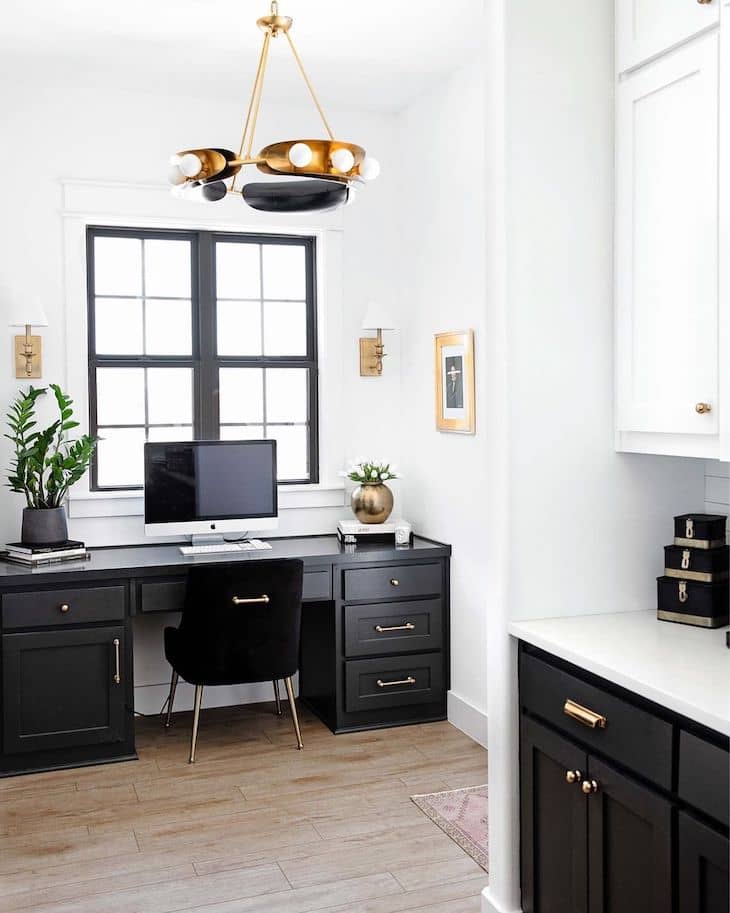 Black and white home office off the kitchen 