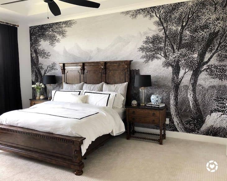 Masculine bedroom in rich wood with wallpaper accent wall