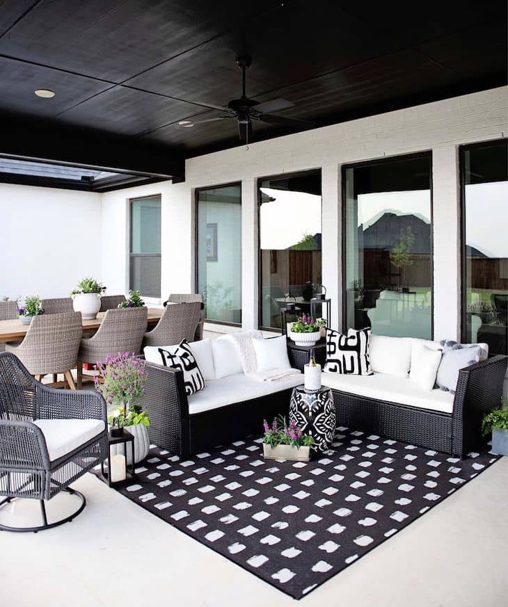 Black and white patio with dining space