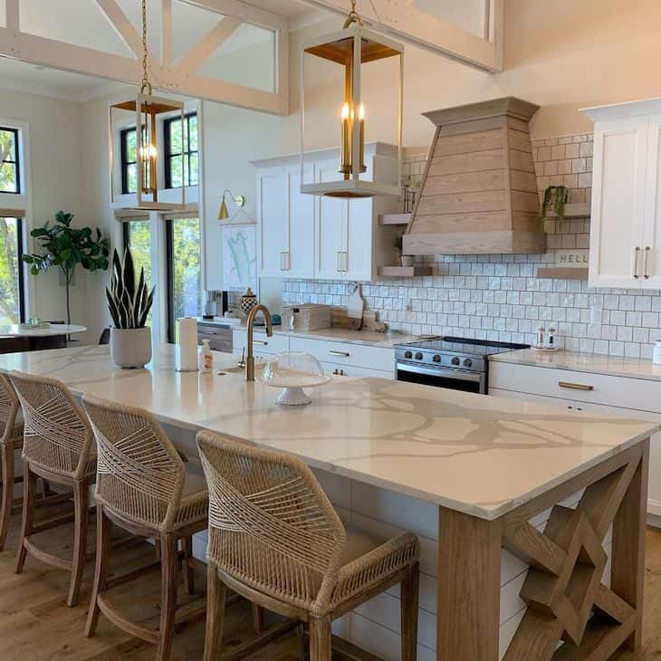 White shiplap kitchen island with unique end cap