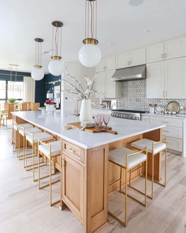 White oak kitchen island and white kitchen cabinets