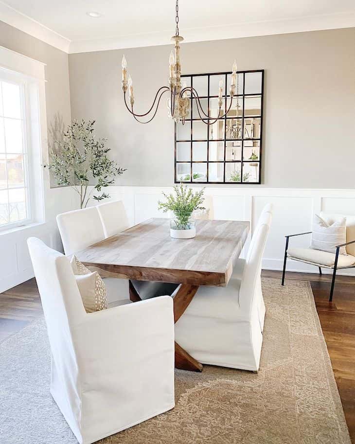 Classic dining room with wood dining table and upholstered dining chairs