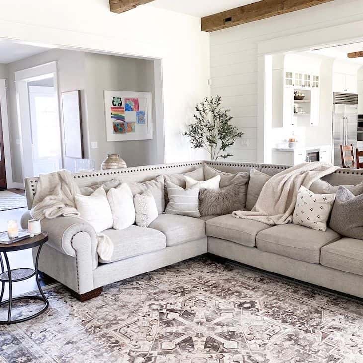 Farmhouse living room with grey sectional