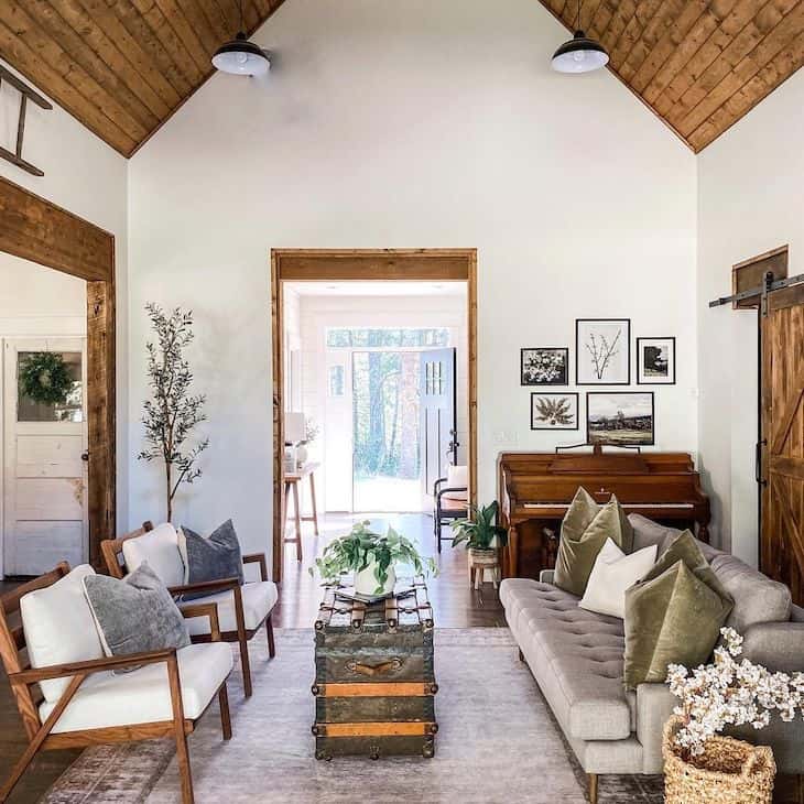 Sherwin Williams Alabaster white walls and stained wood ceilings in living room