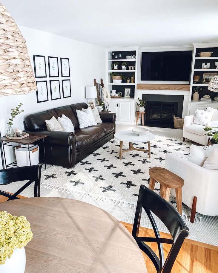 Black and white living room with Sherwin Williams Alabaster white walls