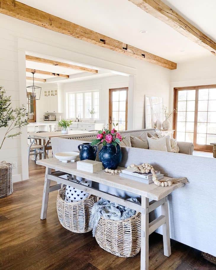 Console table and stools behind online couch