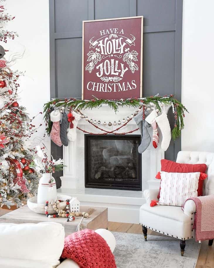 Shiplap fireplace with Christmas decor