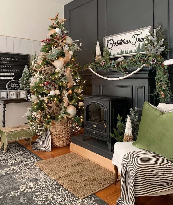 Black mantel with Christmas decor