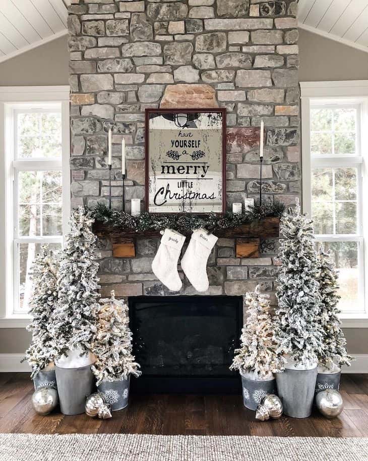 Stone fireplace with Christmas decor