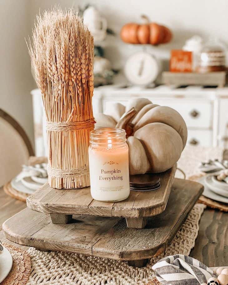 Wood tray fall decor, with pumpkin, fall candle and dried wheat