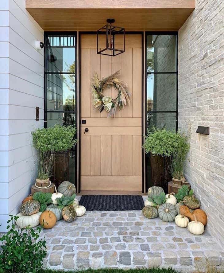 Modern entry door with fall decor