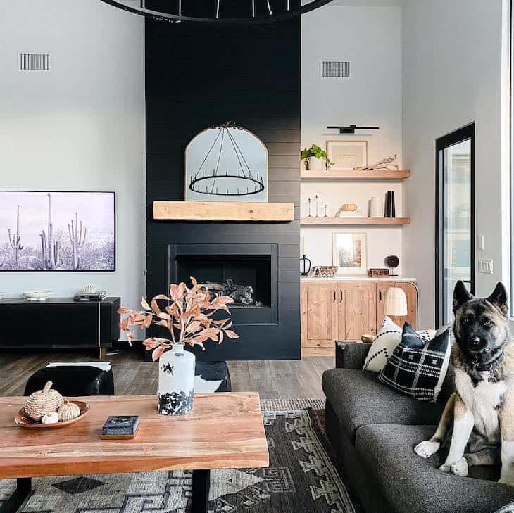 black fireplace accent wall