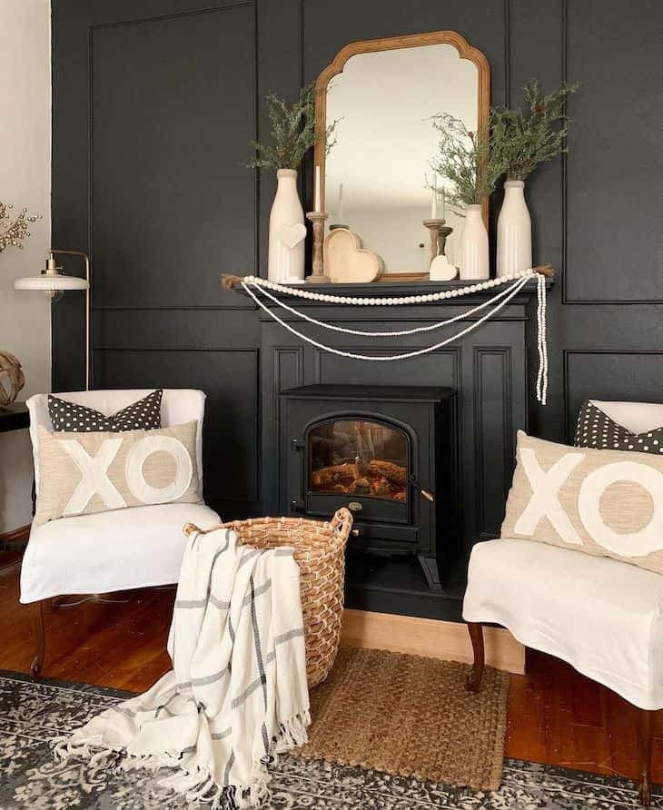 Black fireplace with Valentine's day decor