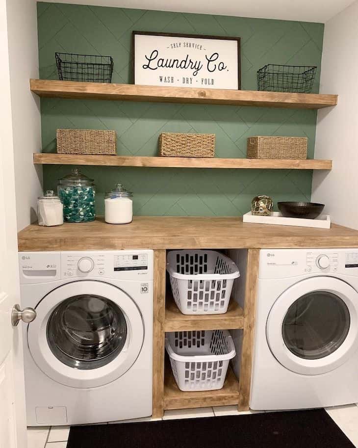 Small laundry room with accent wall