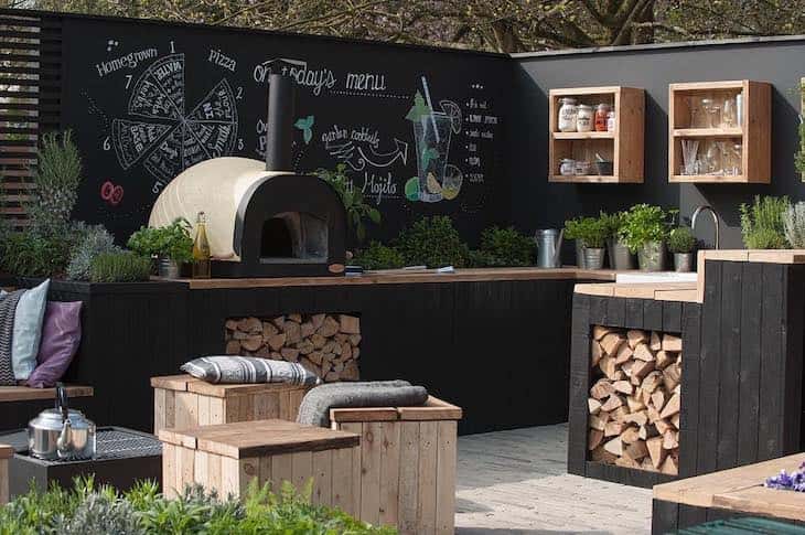 Outdoor kitchen with blackboard wall