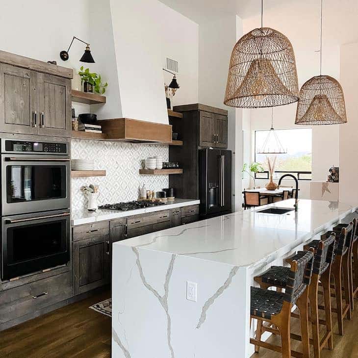 Dark-stained wood kitchen cabinets