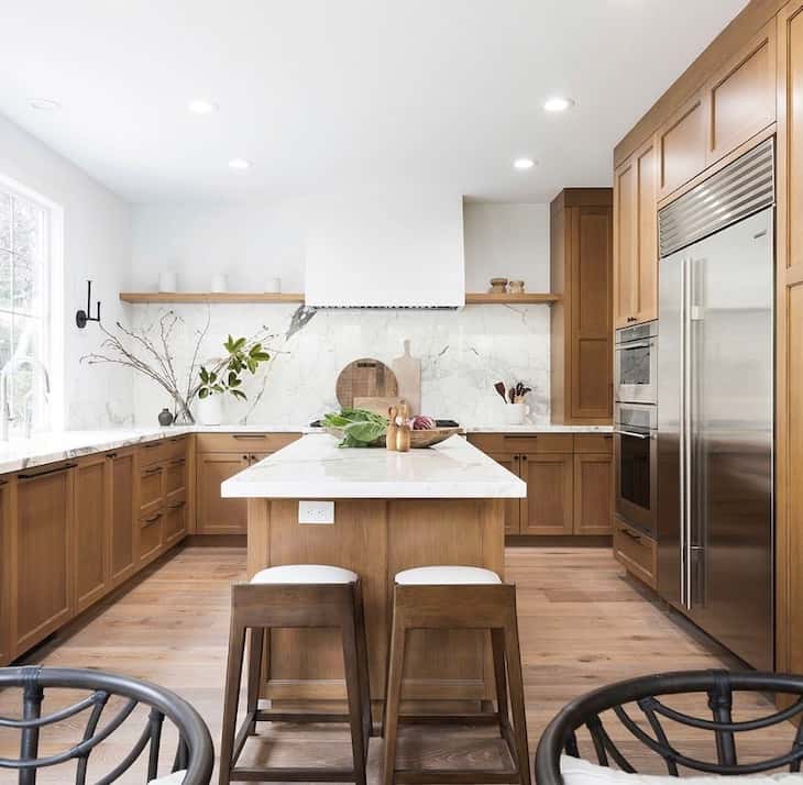 Casual luxury kitchen with warm oak cabinets