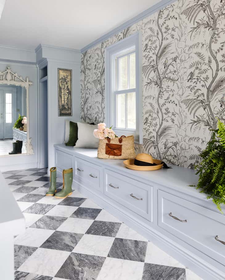 mudroom with marble checkerboard floor